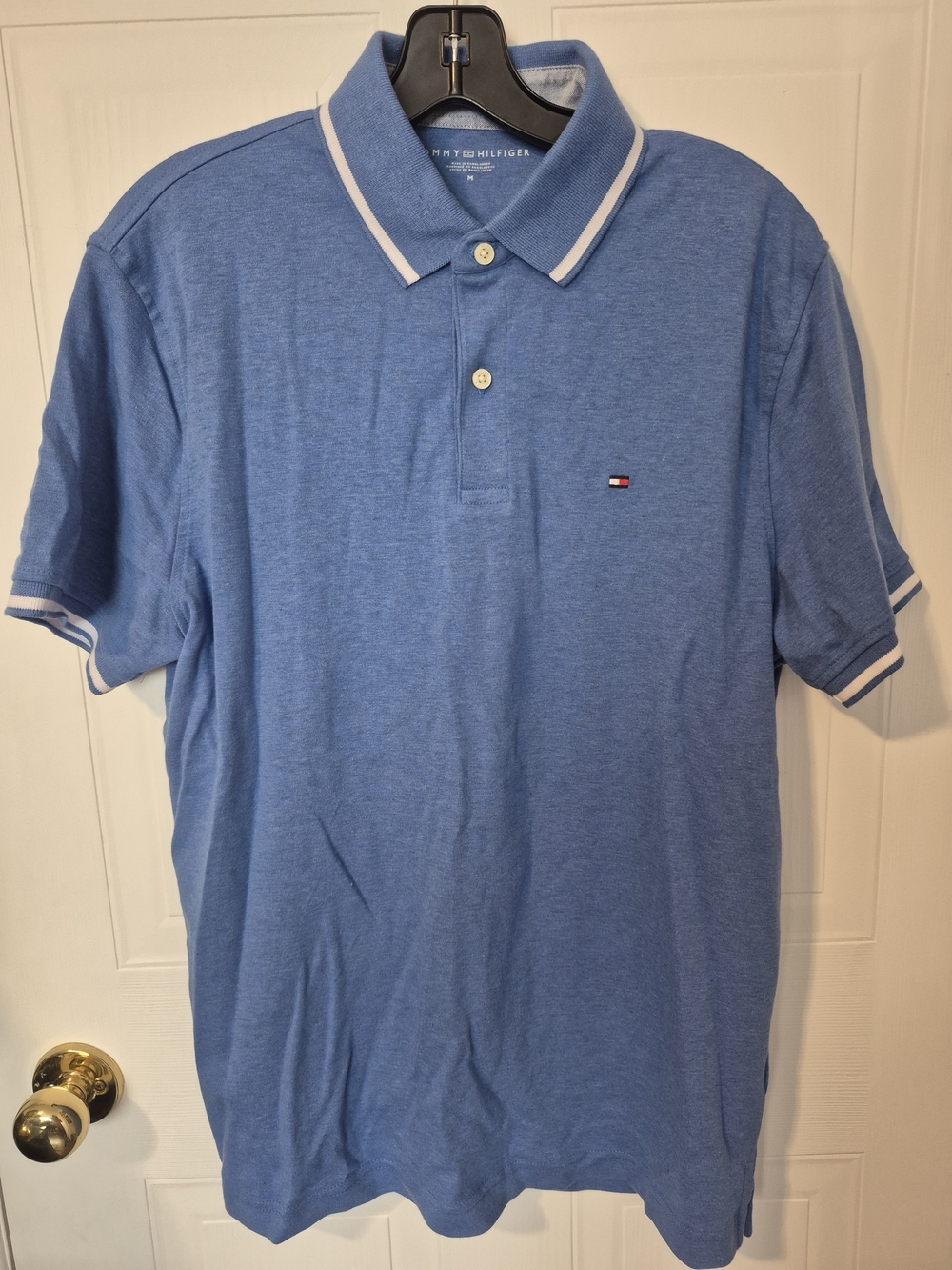 Tommy Hilfiger Blue Heathered Polo Shirt White Tipped Collar Men’s M
